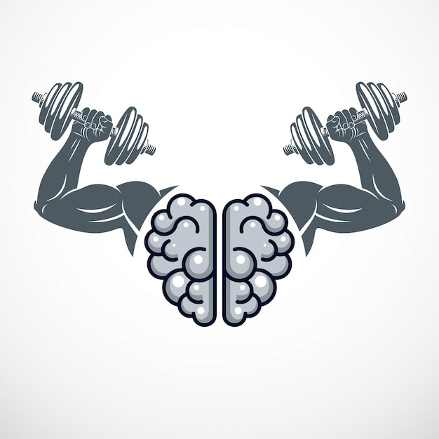 Emblema de power brain, concepto de genio. diseño vectorial del cerebro anatómico humano con manos fuertes de bíceps de culturista. entrenamiento cerebral, crecer iq, salud mental.