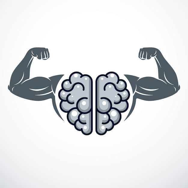 Emblema de Power Brain, concepto de genio. Diseño vectorial del cerebro anatómico humano con manos fuertes de bíceps de culturista. Entrenamiento cerebral, crecer IQ, salud mental.