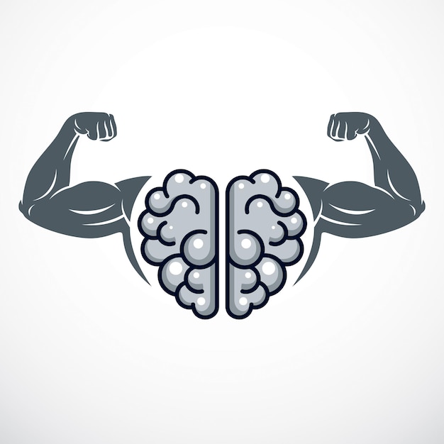 Emblema de Power Brain, concepto de genio. Diseño vectorial del cerebro anatómico humano con manos fuertes de bíceps de culturista. Entrenamiento cerebral, crecer IQ, salud mental.