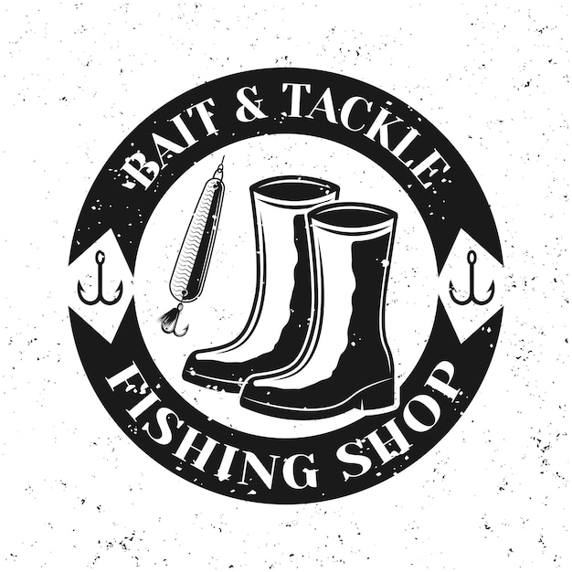 Emblema redondo de vector de tienda de pesca con botas aislado en blanco