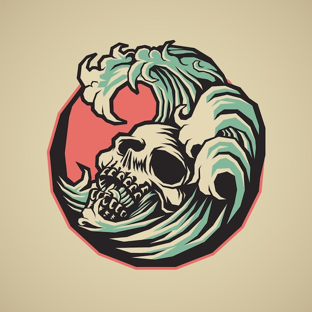 Emblema retro del cráneo ahogándose en las olas del mar