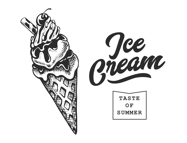 Emblema retro helado. Plantilla de logotipo. Bosquejo de texto y helado en blanco y negro. Ilustración de vector Eps10.