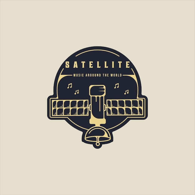 Emblema satélite logo vector ilustración moderna plantilla icono diseño gráfico radar y señal de comunicación de antena o símbolo para tecnología espacial digital con insignia