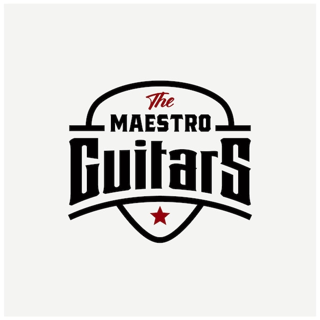 Emblema de selección de guitarra de instrumento para banda de música rock o diseño de logotipo de etiqueta de logotipo de guitarrista