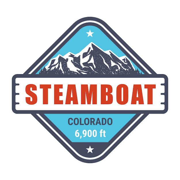 Emblema del sello de la estación de esquí de Steamboat Colorado con montañas cubiertas de nieve en el vector de manantiales de steamboat