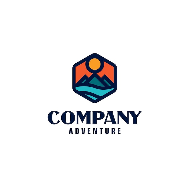 Emblema de sello de insignia hexagonal diseño de logotipo de viaje de aventura