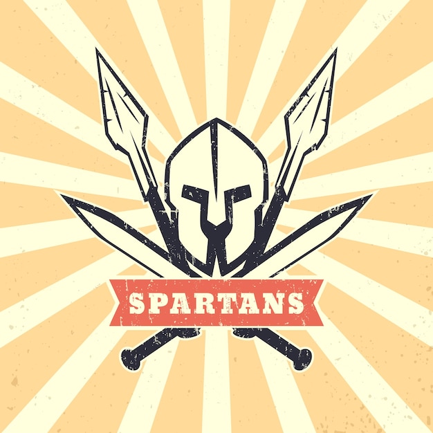 Emblema de signo de logotipo espartano con casco espartano espadas cruzadas y lanzas ilustración vectorial