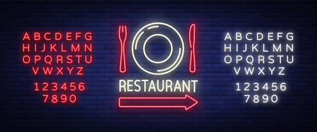 Emblema de signo de logotipo de restaurante en estilo neón letrero brillante banner brillante nocturno