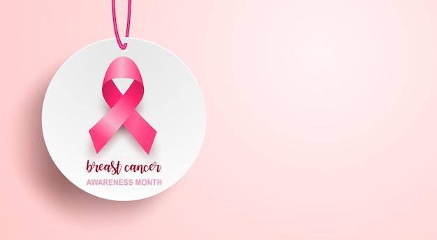 Emblema del símbolo del mes de concientización sobre el cáncer de mama. diseño con cinta rosa sobre fondo rosa. vector.