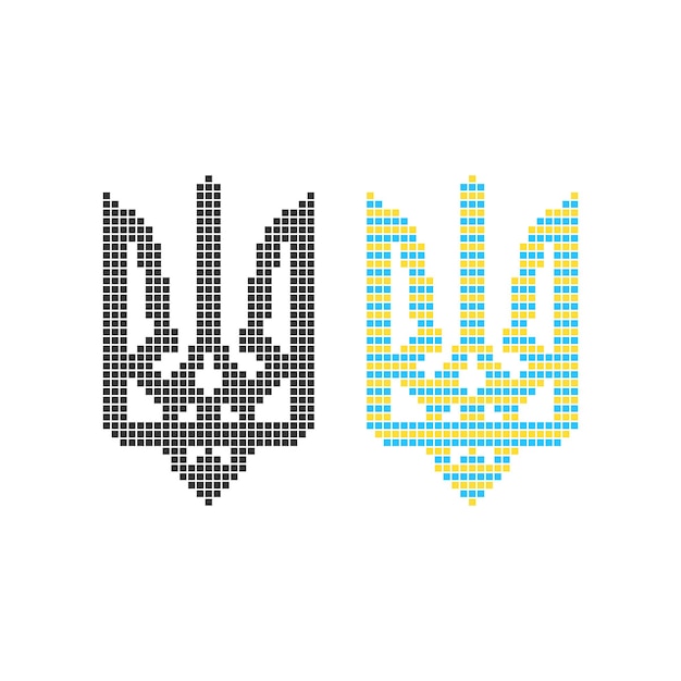 Emblema ucraniano de pixel art negro y coloreado. concepto de blasón, simbolismo, icono de 8 bits, heráldica, adorno. aislado sobre fondo blanco. Ilustración de vector de diseño de logotipo moderno de tendencia de estilo plano