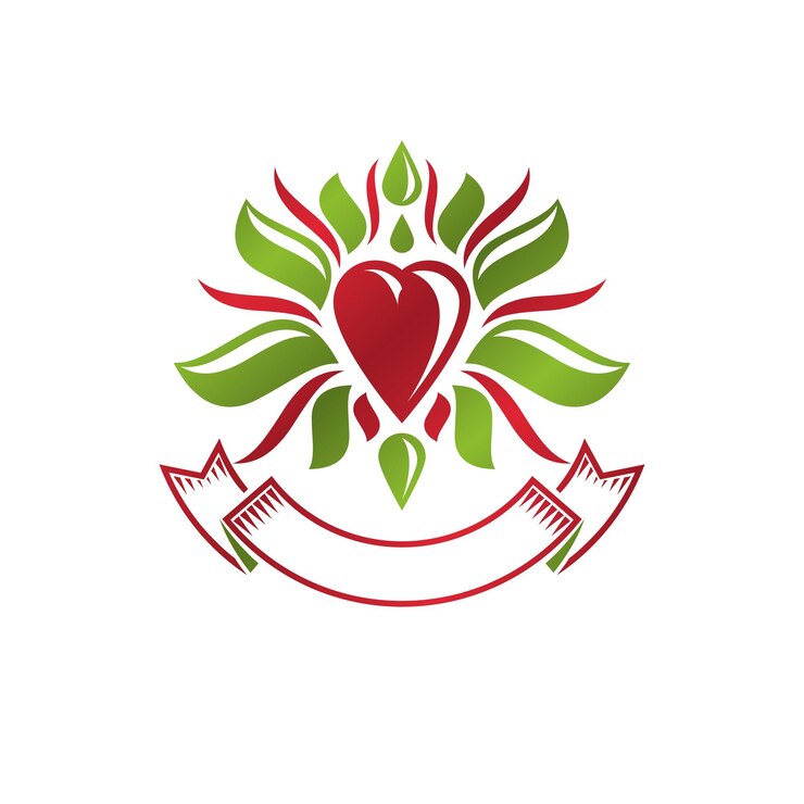Vector emblema de vector heráldico vintage creado con símbolo real de flor de lirio y forma de corazón romántico rojo. símbolo de producto ecológico, elemento de tema orgánico para el diseño.