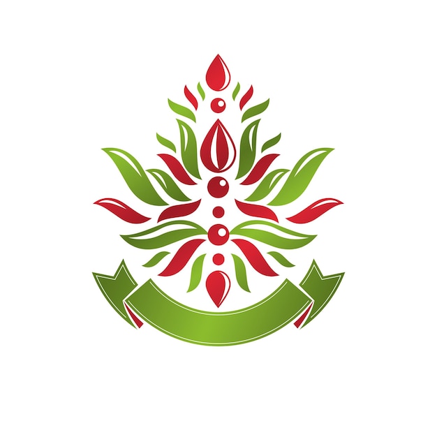 Emblema de vector heráldico vintage creado con símbolo real de flor de lirio. Símbolo de producto ecológico, ilustración de tema de alimentos orgánicos y saludables.