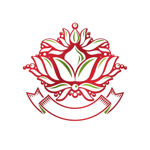 Emblema de vector heráldico vintage creado con símbolo real de flor de lirio. Símbolo de producto ecológico, ilustración de tema de alimentos orgánicos y saludables.