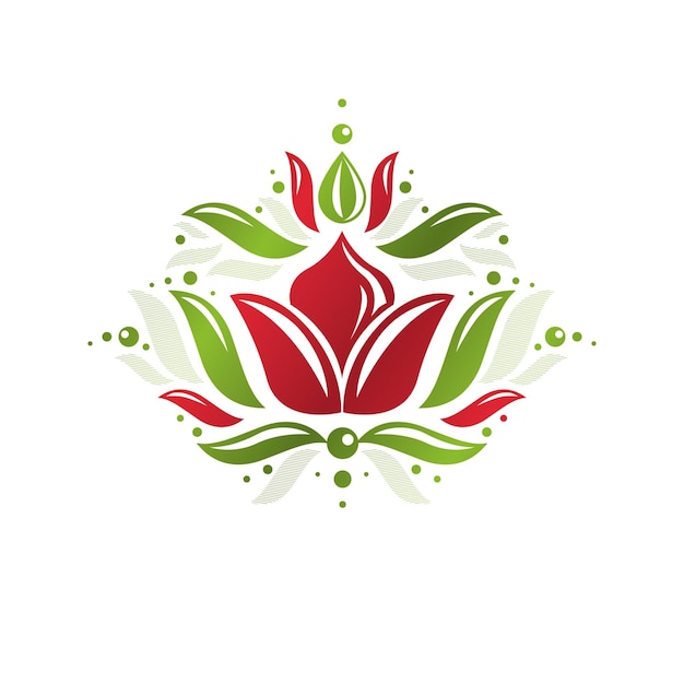 Vector emblema de vector heráldico vintage creado con símbolo real de flor de lirio. símbolo de producto ecológico, ilustración de tema de alimentos orgánicos y saludables.