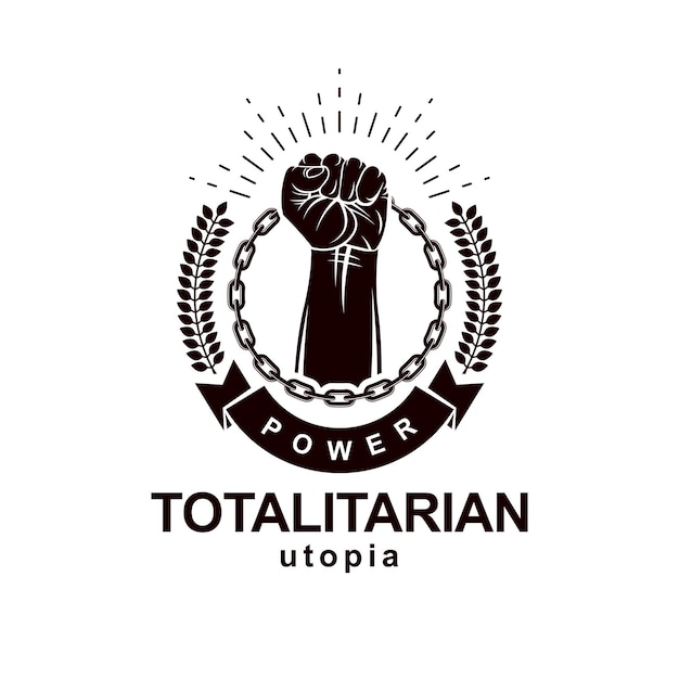 Emblema vectorial compuesto por un fuerte puño musculoso levantado rodeado de una cadena de hierro. Se puede utilizar como emblema del equipo deportivo o signo abstracto del líder de la revolución.
