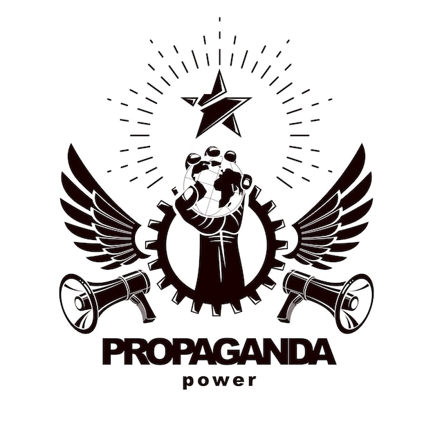 Emblema vectorial compuesto por un revolucionario puño cerrado que sostiene la tierra rodeada por un símbolo de engranaje, alas de libertad y altavoces. la propaganda como medio de influencia en la opinión pública mundial.