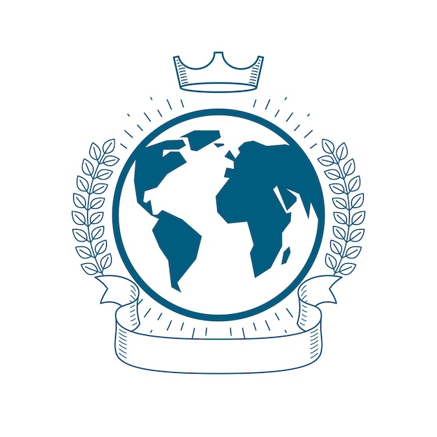 Emblema vectorial del planeta tierra en estilo vintage con corona de laurel y cinta y corona.