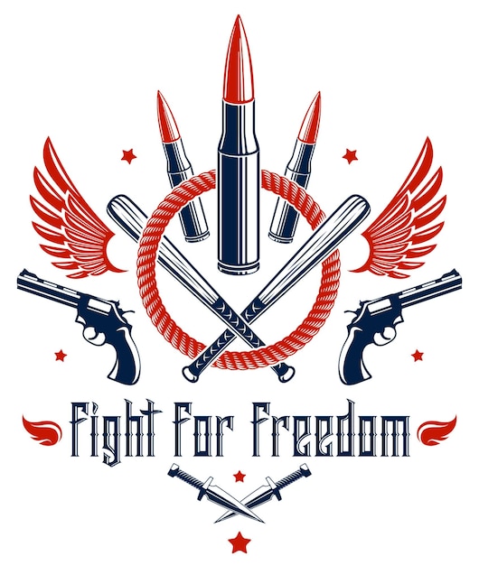 Emblema vectorial de Revolución y Guerra con balas y pistolas, logotipo o tatuaje con muchos elementos de diseño diferentes, guerrero partidista antidisturbios, estilo criminal y anarquista, tema de tensión social.