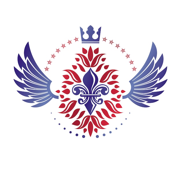 Emblema victoriano alado compuesto por flor de lirio, corona monarca y estrellas pentagonales. Elemento de diseño de vector de premio de calidad real, etiqueta comercial.
