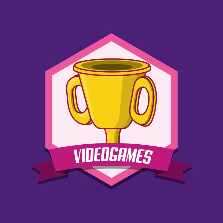 Vector emblema de videojuego con icono de trofeo sobre fondo morado