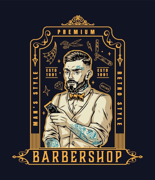 Emblema vintage de barbería con elegante barbero bigotudo y barbudo con cortapelos y varios tatuajes aislados ilustración vectorial