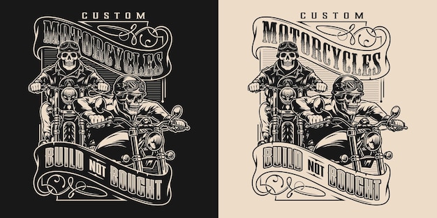 Emblema vintage de motocicleta personalizada con ciclistas esqueléticos montando motocicletas en estilo monocromo