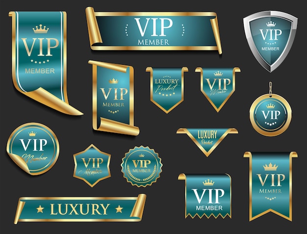 Emblema VIP y premium azul y dorado aislado en fondo negro Ilustración de acciones