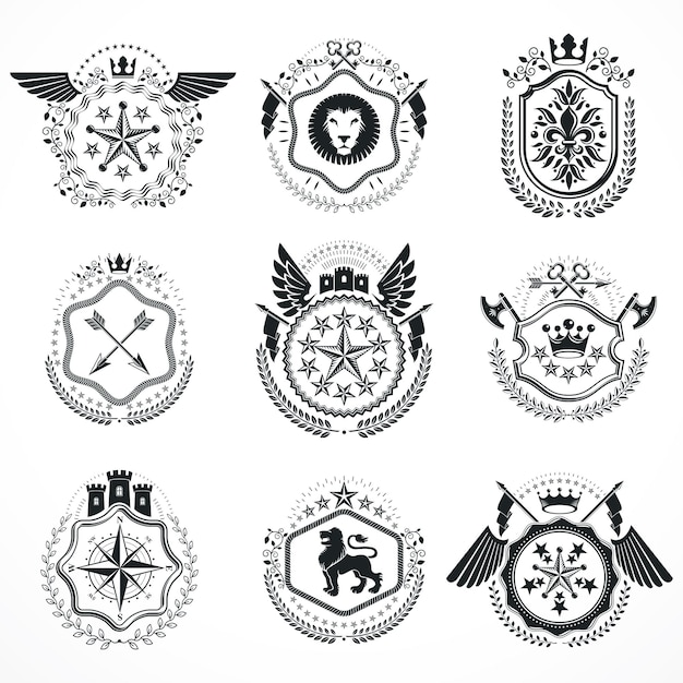 Emblemas antiguos, diseños heráldicos vectoriales. colección de escudo de armas, conjunto de vectores.
