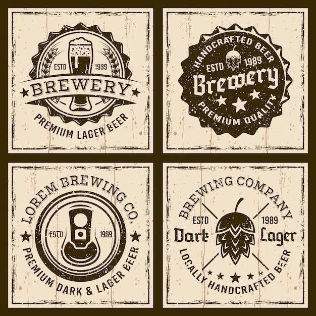 Vector emblemas de cerveza y cervecería, etiquetas o insignias sobre fondo grunge