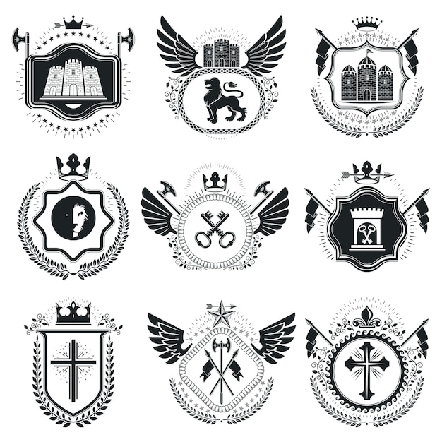 Emblemas con clase, escudo de armas heráldico vectorial. Colección de elementos de diseño vintage.