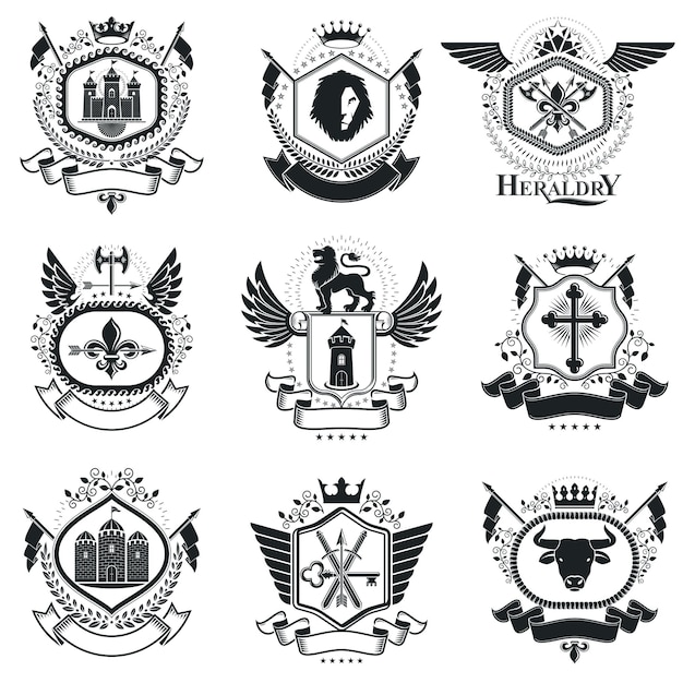 Emblemas decorativos heráldicos del escudo de armas. colección de símbolos en estilo vintage.