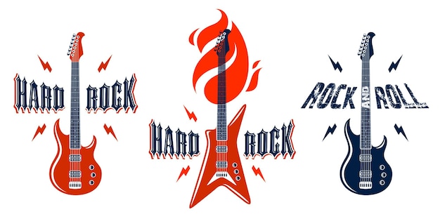 Emblemas de Hard Rock con logotipos vectoriales de guitarra eléctrica, etiquetas de festivales de conciertos o clubes nocturnos, ilustraciones de temas musicales, tienda de guitarras o impresión de camisetas, letrero de banda de rock con tipografía elegante.