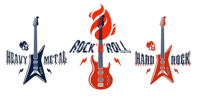 Emblemas de Hard Rock con logotipos vectoriales de guitarra eléctrica, etiquetas de festivales de conciertos o clubes nocturnos, ilustraciones de temas musicales, tienda de guitarras o impresión de camisetas, letrero de banda de rock con tipografía elegante.