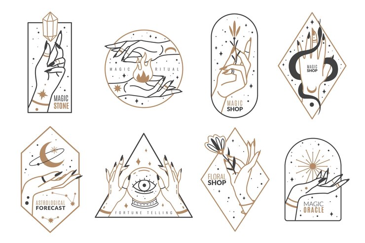 Vector emblemas de línea oculta. esquema de las manos de las mujeres con elementos mágicos místicos en un estilo minimalista de moda, símbolos dorados de brujería y objetos misteriosos, elegantes logotipos y etiquetas vector colección aislada