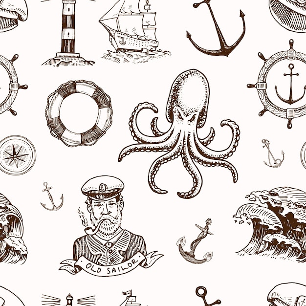 Emblemas marinos y náuticos o del océano marino conjunto de patrones sin fisuras de etiquetas o insignias antiguas dibujadas a mano vintage grabadas para un anillo de vida una bala de cañón un capitán con una pipa