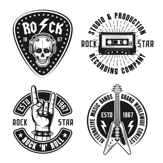 Vector emblemas de música rock, etiquetas, insignias en estilo vintage