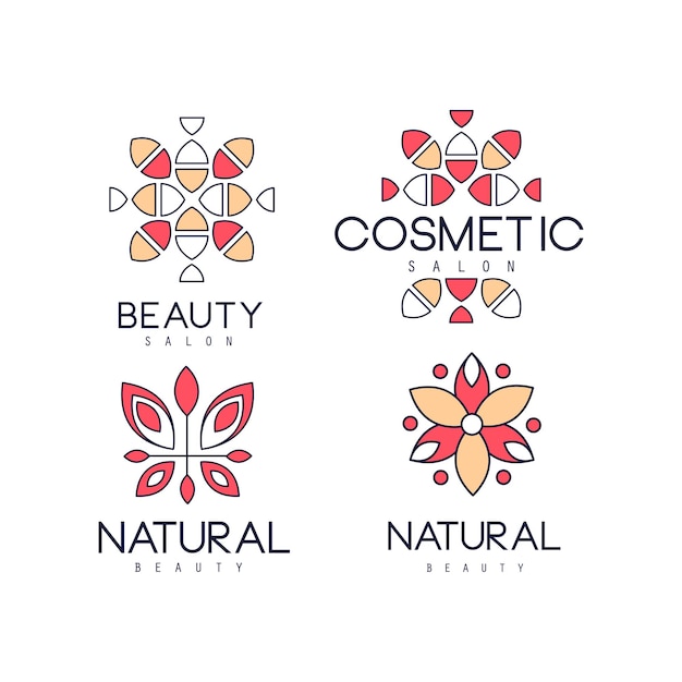 Emblemas originales para salón de belleza en estilo lineal emblemas geométricos elegantes con adornos abstractos y etiquetas de texto para productos cosméticos naturales diseño vectorial aislado para carteles promocionales o folletos