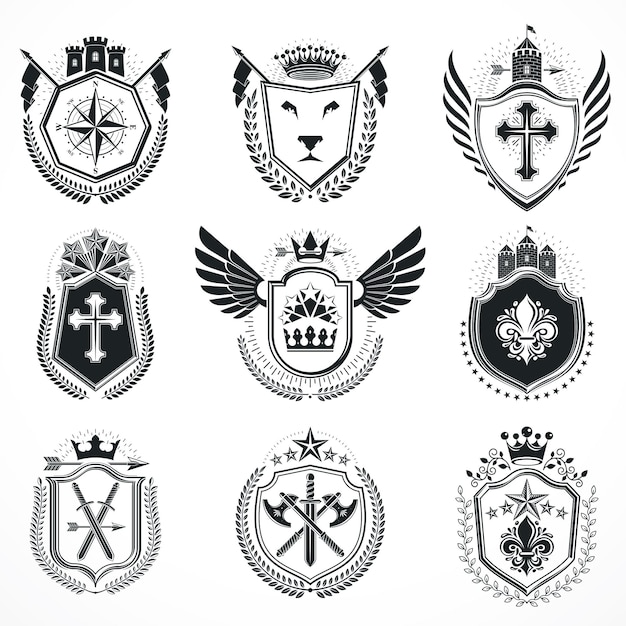 Emblemas vectoriales, diseños heráldicos antiguos. colección de escudo de armas, conjunto de vectores.