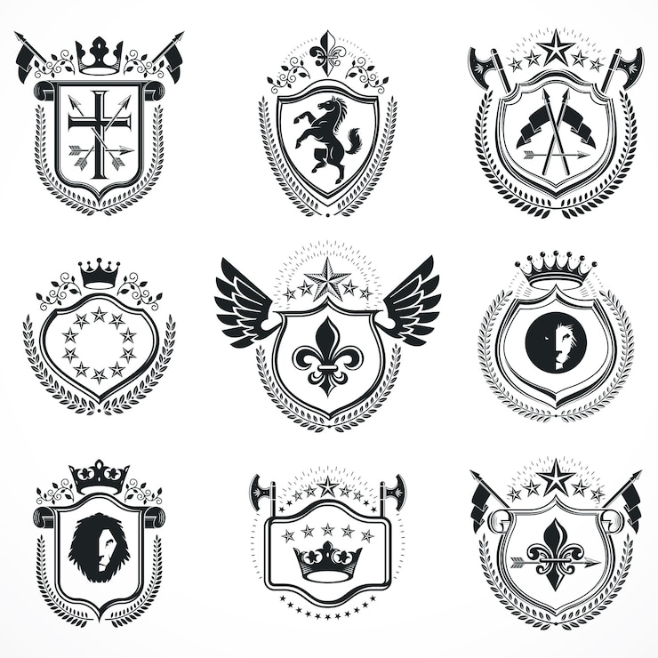 Vector emblemas vectoriales, diseños heráldicos antiguos. colección de escudo de armas, conjunto de vectores.