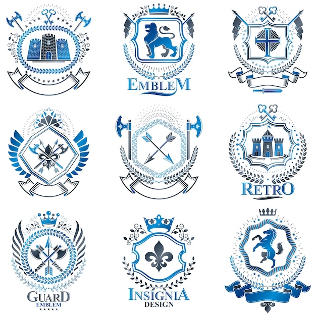 Emblemas vectoriales heráldicos decorativos antiguos compuestos por elementos como alas de águila, cruces religiosas, armería y castillos medievales, animales. Colección de ilustraciones simbólicas con clase.