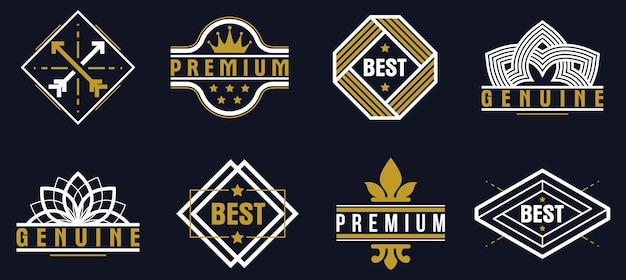 Emblemas vectoriales premium de la mejor calidad colocados sobre la colección oscura, insignias y logotipos para diferentes productos y negocios, elementos de diseño gráfico clásico, insignias y premios.