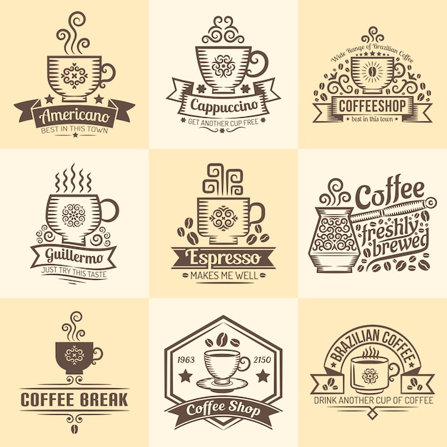 Emblemas vintage para cafetería. logotipos con una taza de café en estilo retro.