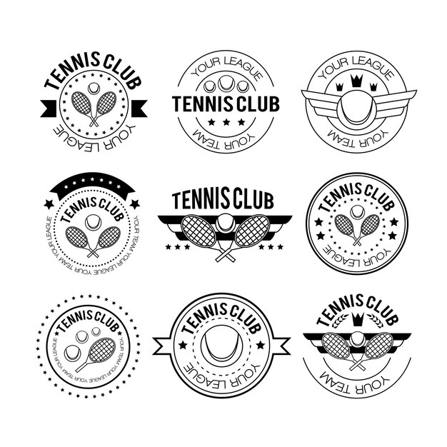Emblemas vintage deportivos de tenis, etiquetas o diseños de logotipos para clubes deportivos y torneos