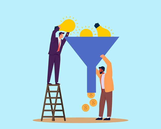 Embudo de marketing o conversión de ventas personas o empleados reunión de gestión lluvia de ideas para una nueva idea