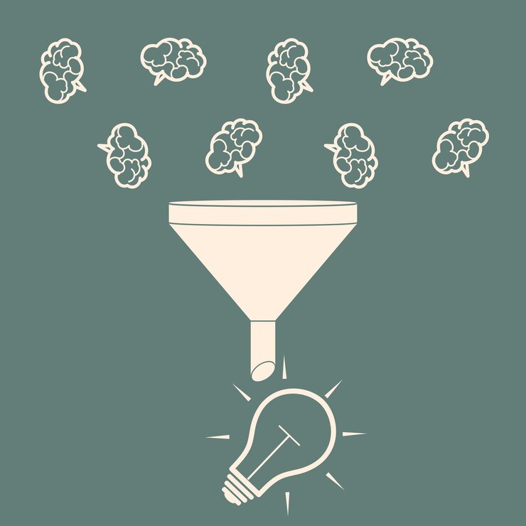 Embudo de ventas Conversión de cerebros en idea de bulbo Ilustración de vector de estilo plano de túnel de datos y proceso creativo