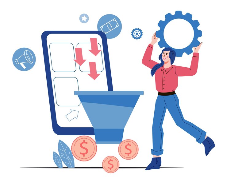 Vector embudo de ventas y gestión de smm y estrategia de tasas de conversión vector plano