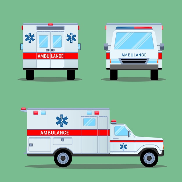 Emergencia de ambulancia. Vista posterior, frontal y lateral. Transporte de ambulancia en coche. Ambulancia automática de evacuación médica de emergencia. Coche de ambulancia de servicio de alta calidad en estilo plano. ilustración