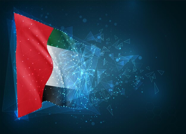 Emiratos Árabes Unidos, bandera, objeto virtual abstracto 3D de polígonos triangulares sobre un fondo azul.