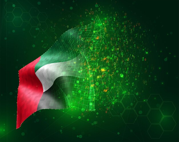 Emiratos árabes unidos, vector bandera 3d sobre fondo verde con polígonos y números de datos