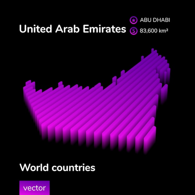 Emiratos Árabes Unidos mapa 3D Vector de neón isométrico El mapa de los Emiratos Árabes Unidos está en colores violetas sobre fondo negro